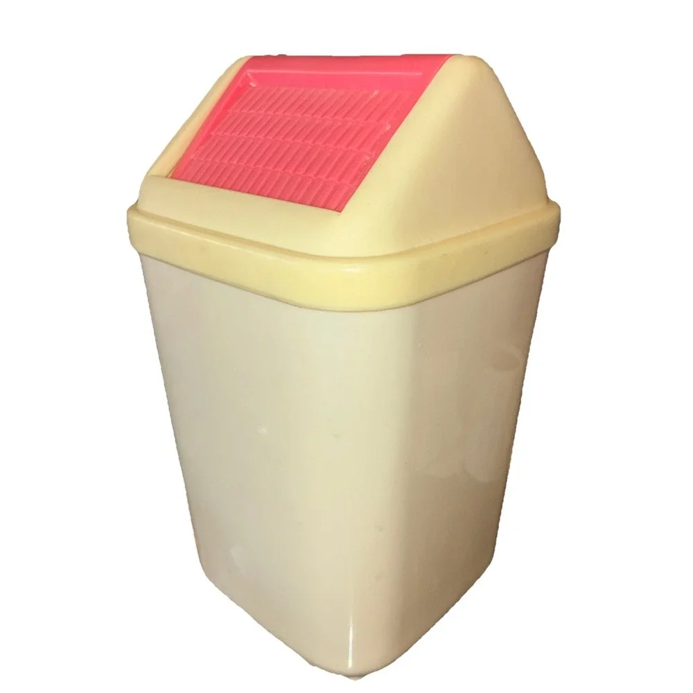 Vintage Trash Can Beige Pink Roof Small 11.5x7x6.5